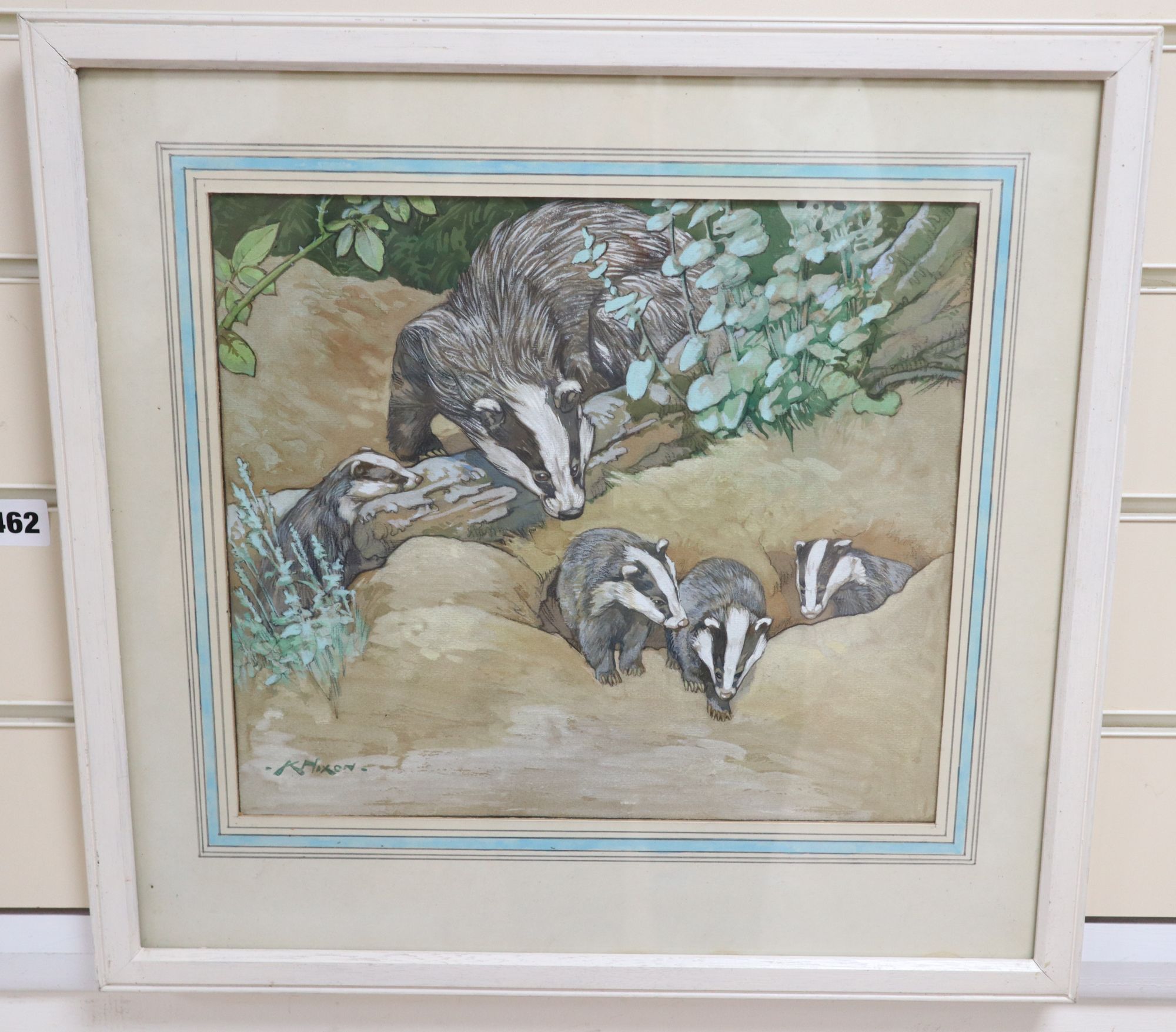 Kay Nixon (1895-1988), watercolour and gouache, Badgers, painted for the book Animal Mothers and Babies, signed, 28 x 31cm